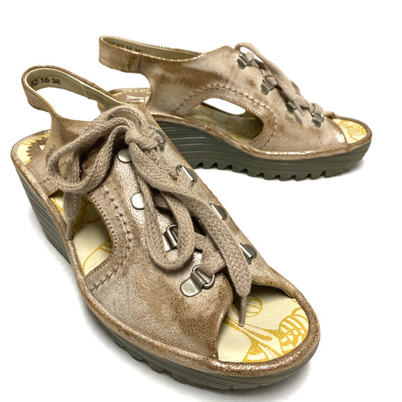 Fly London YLFA Luna Wedge Sandal Metallic Blush Pink Tinted Tan Gold 38… - Picture 7 of 8